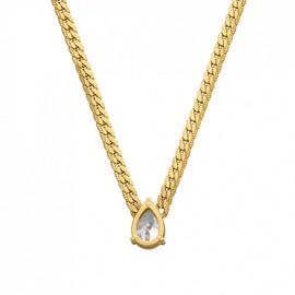 Daffany Teardrop Cubic Zirconia Pendant Necklace on 14K Gold Plated Flat Chain, 2 Carat CZ, 15.8" + 2" Extender, Gift Boxed