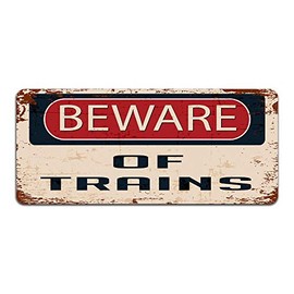 Print Crafted - Beware Of Trains - Vintage Metal Sign | Railway Locomotive Trainspotting Caution Sign
