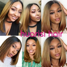Huarisi Bob U Part Wigs Real Hair #1B/30, 14 Inch Ombre Brown Human Hair Short Bob Wigs for Women, Black and Auburn Brown Glueless Brazilian Bob Wig Look Natural