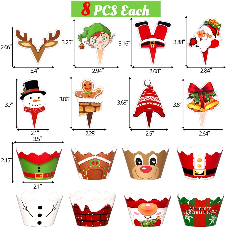128 Pieces Christmas Cupcake Toppers Wrappers Party Supplies Favors -