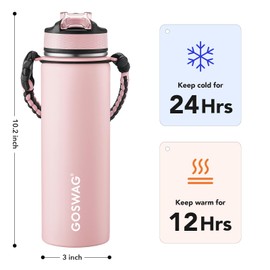 GOSWAG Insulated Sports Water Bottle, 24oz 2 Lids(with Straw/No Straw), Stainless Steel Water Bottles with Paracord Handle, Insulated Thermos with Double-Wall Vacuum Insulation Visit the Store