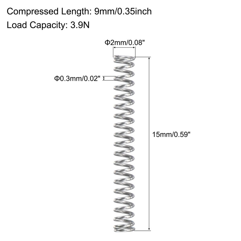 sourcing map Compression Spring,304 Stainless Steel,2mm OD,0.3mm Wire Size,9mm Compressed