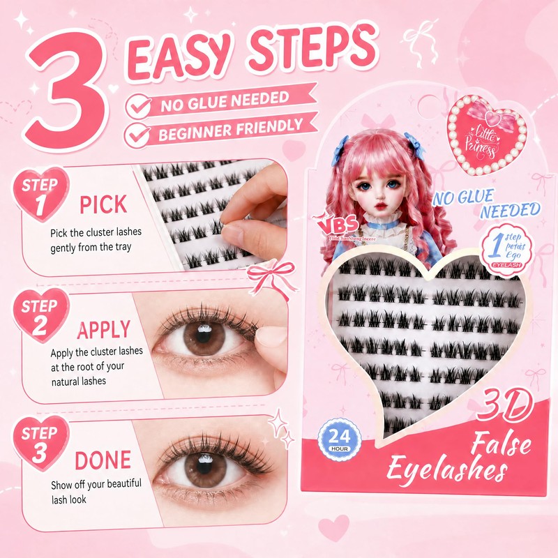Little Princess 3D False Eyelashes - No Glue Needed Cluster
