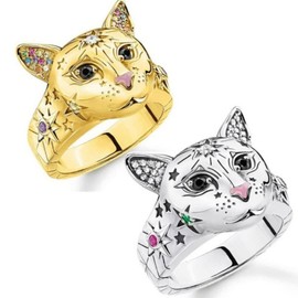 Kitten Ring, Cute Cat Ring for Women, Iced Out Starburst Cat Animal Ring Cat Kitten Jewelry, Funny Cat Head Ring Hip Hop Cat Band Ring Punk Cat Ring (7, Gold)