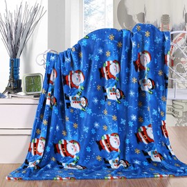 Elegant Comfort Velvet Touch Ultra Plush Christmas Holiday Printed Fleece Throw/Blanket-50 x 60inch, (Santa Snowman), 50 x 60 inch