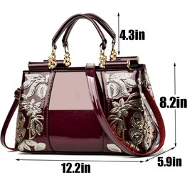 XingChen Women Patent Leather Fashion Handbags Double Sided Sequin Embroidery Shoulder Bag Top Handle Satchel Purse Wine