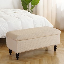 ANWUCHEN Rectangle Ottoman Cover - Stretch Slipcover with Storage, Elastic Bands Ties, Beige Medium