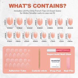Press On Nails Almond, Press on Nails Short, Glue On Nails for Women Gift, Supremely Fit Natural Reusable Stick On Nails in 15 Sizes - 120 Fake Nails Kit (White French, Short)