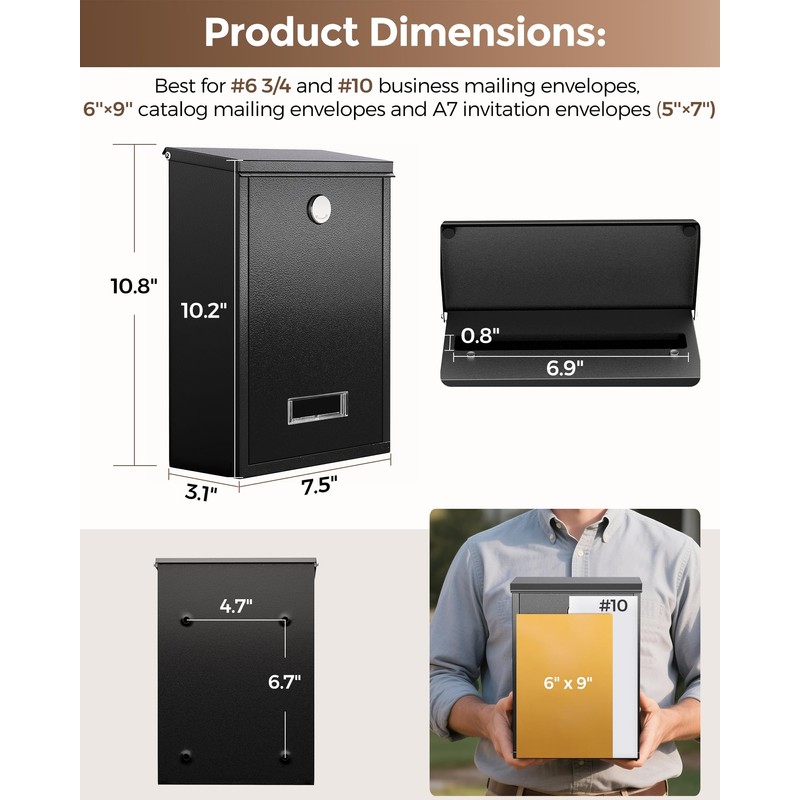 LAND·VOI Locking Wall-Mount Mailbox for Outside, with 4 Keys, Galvanized