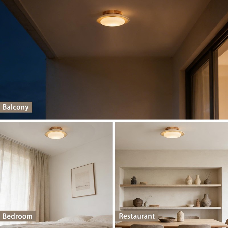 9.8'' Yellow Travertine Flush Mount Ceiling Lamp with Wood Base