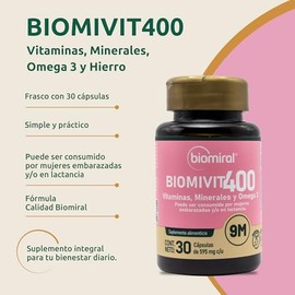 Biomiral Biomivit-400 Multivitamínico Mujer - Vitamina C, B12, Ácido Fólico, Omega 3, Hierro - 30 Cápsulas - Suplemento Bienestar Femenino - Libre de 