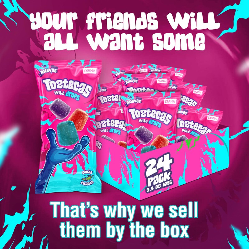 Toztecas Wild Drops, Chewy Gummies, Spicy Fruit Flavored Candy, 2.8