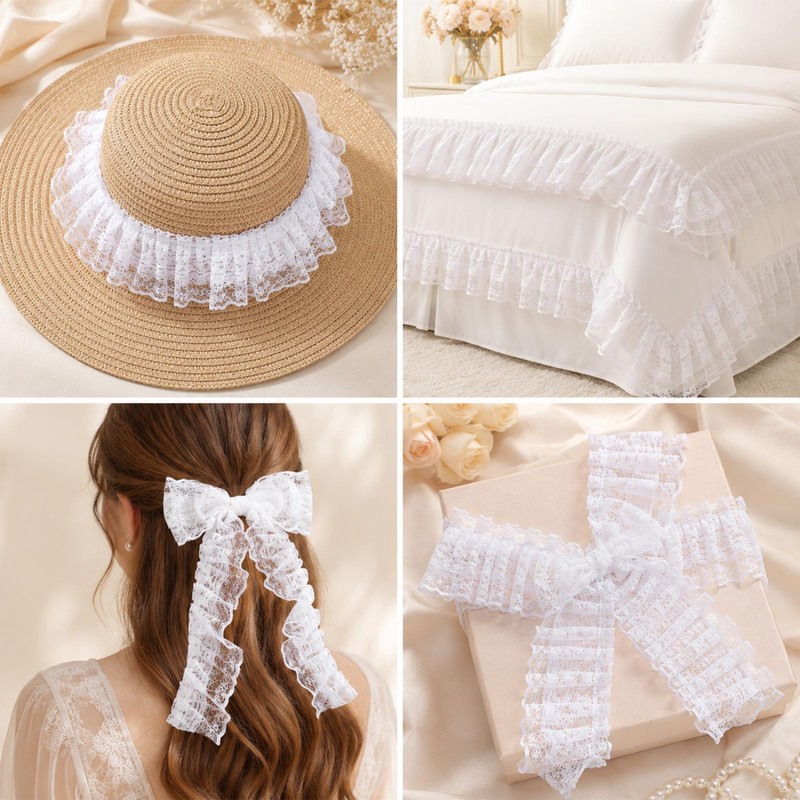 White Lace Ribbon, 1.8" x 6 Yards Double Layer Ruffle
