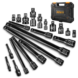 BOEN 21 Piece 1/4" & 3/8" & 1/2" Drive Tool Accessory Set, Includes Socket Adapters, Extension Bars, Swivel Universal Joints, Impact Bit Holders and 1/4" Hex Shank