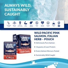 Safe Catch Skinless and Boneless Wild Pacific Pink Salmon Pouch, Italian Herb Seasoned, Mercury Tested, Kosher, 2.6oz Pouches, Pack of 12