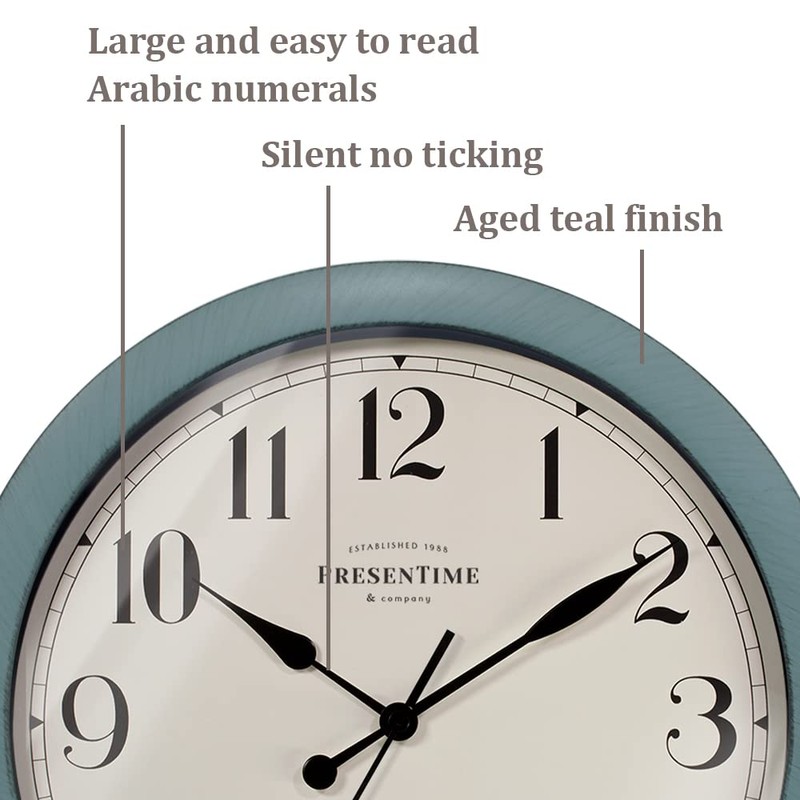 Presentime & Co Vintage Farmhouse Wall Clock, Aged Teal Finish,