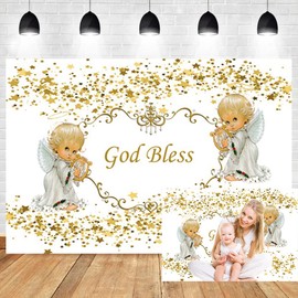 OERJU 7x5ft God Bless Backdrop First Holy Communion Baptism Christening Background Angel Baby Gold Sequins Star Banner Newborn Baby Shower Birthday Party Decoration Photo Booth Props