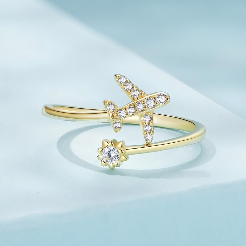 925 Sterling Silver Gold-Plated Ring for Women, Airplane Statement Ring,