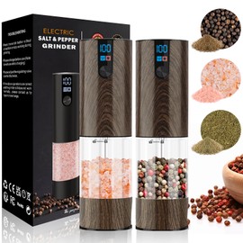 Minpenlay Electric Salt and Pepper Grinder Set Rechargeable with LED Display, Adjustable Coarseness, 120ml Container Automatic Pepper and Salt Grinder for Kitchen, Restaurant (Wood Grain)