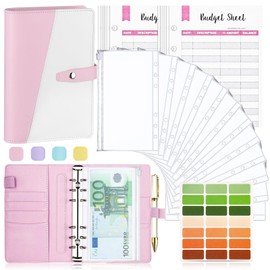 Taope Budget Planner, 6-Ring A6 Budget Binder, Money Organiser, with Soft PVC Pockets, Polyurethane (PU) Leather Notebook, Cash Envelopes, Household Expense Book with Money Compartments, Pink