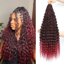 Getgal 24Inch 7Packs Goddess Mermaid Box Braids Curly Crochet Hair Burgundy Pre Looped Deep Wave Crochet Hair for Black Women（TIB/BUG，7Packs）