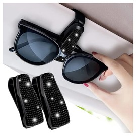Set of 2 Bling Rhinestone Car Sun Visor Glasses Holders with Anti-Scratch Sponge,Car Decoration for Women Girls,Ticket Card Clip Visor Organizer,Universal Rhinestone Auto Accessories (Black-2pcs)