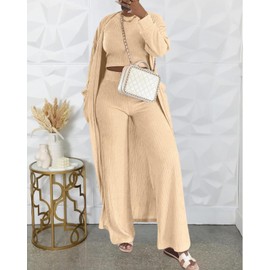 Women Fall Three Piece Pants Set Fashion Open Front Cardigan Crop Tops Wide Leg Trousers Suit Work Business Khaki M