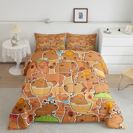 jejeloiu Capybara Comforter Set Queen Size Kids Gifts for Capybara Lovers Comforter for Boys Teens Capybara Animals Lovers Bedding Set Orange Pattern Brown Duvet Set Room Decor Quilt Set