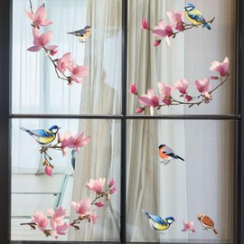 Bird Flower Window Sticker - Double Side Floral Static Window Clings for Glass Windows Living Room Nursery Room Home Decor - Reusable & Removable