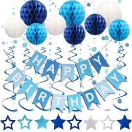 Msyzy Birthday Decorations, Happy Birthday Banner with Honeycomb Balls, Stars Hanging Swirl Streamers, Star Circle Dot Hanging Garland, Happy Birthday Party Decorations for Women Men Boys Girls（Blue)