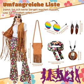 Joellfuner Hippie Costume Women's Set, 60s 70s Costume Women's Hippie Clothing with Accessories, Fancy Dress Costume Hippie Theme Party Disco Outfit for Carnival Cosplay Party Dress Up