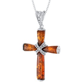 PEORA Genuine Baltic Amber Milgrain Cross Pendant Necklace for Women 925 Sterling Silver, Rich Cognac Color with 18 inch Chain, Real Baltic Amber Necklace for Adults, 100% Natural from Baltic Region