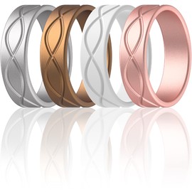 ThunderFit Silicone Wedding Bands for Women, Infinity Design 6mm Wide 1.8mm Thick - 1/4/7 Variety Multipack (Bronze, Rose Gold, Silver, White - Size 9.5-10 (19.8mm))