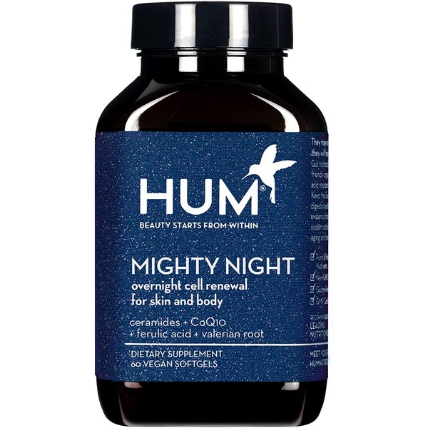 HUM Mighty Night - Beauty Sleep Supplement - Fight Early Signs of Aging - Support Restful Sleep & Overnight Skin Health with Ceramides, CoQ10 & Ferulic Acid (60 Vegan Softgels)