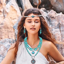 Western Earrings Necklace Bracelet Rings Jewelry Set for Women Bohemian Turquoise Lighning Bolt Horse Cross Cactus Dangle Earrings Chunky Turquoise Layered Pendant Choker Necklace Turquoise Beaded Stretch Bull Charm Bracelet Western Cowgirl Joint Knuckle Rings (western jewelry set)