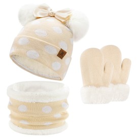 ZASFOU Children's Baby Hat Loop Scarf Gloves Set 0-4 Years Thermal Winter Hat Tube Scarf Mittens Toddler Girls Cotton Knitted Pom Hats Gift, beige