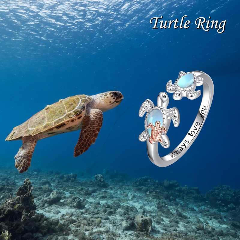 Turtle Rings Sterling Silver Moonstone Adjustable Rings Sea Turtle Jewellery