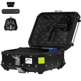 Gurblofy Motorcycle Top Case, 25L Aluminum Compact Motorcycle Top Box with Anti-Theft Lock System, Waterproof, Easy Installation with Universal Bracket, Back Cushion Included, Black, GBTC-25BL