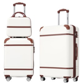 Merax Luggage Set, 2 Piece Luggage with Cosmetic Case, Vintage Hardcase Suitcase with Wheels, Expandable Luggage Airline Approved(White,20"+24")