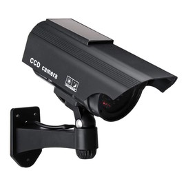 Solar Powered Fake Security Camera, Bullet Dummy Surveillance System with Realistic Red Flashing Lights and Warning Sticker Indoor Outdoor (4, Black)
