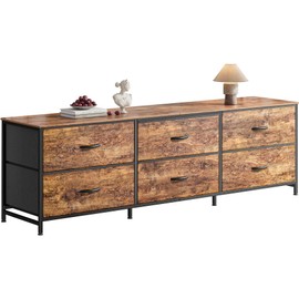 Huuger 63 Inch Long Dresser for Bedroom, 6 Drawer Dresser TV Stand for 55, 65, 70 Inch TV, Entertainment Center with Fabric Storage Drawers, Wide Chest of Drawers, Rustic Brown
