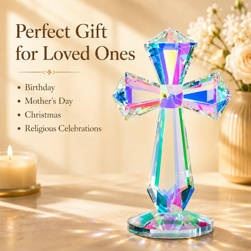 Zerelys K9 Crystal Cross Keepsake, Rainbow Prism Christian Gift