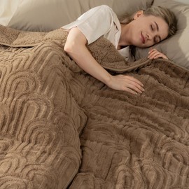 Cottonblue Jacquard Weighted Blanket for Adults 15 lbs Queen Size, Cozy Fluffy Sherpa Fleece Weighted Throw Blankets 60" x 80" for Sleep Relax, Fuzzy Warm Arch Heavy Blanket Soft for Bed Couch, Khaki