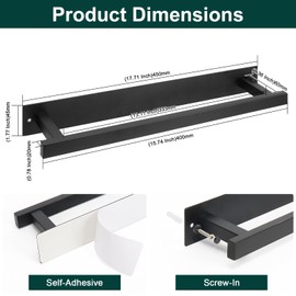 BathAce Self Adhesive Towel Bar, 16 Inch Square Towel Racks for Bathroom Wall Mounted SUS304 Stainless Steel Towel Hanger for Kitchen, No Drill or Screw-Mounted Towel Holder (Matte Black)