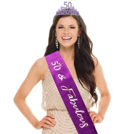 CIEHER Purple 50th Birthday Crown, Fabulous Sash Set, Tiara, Gifts & Decorations for Women