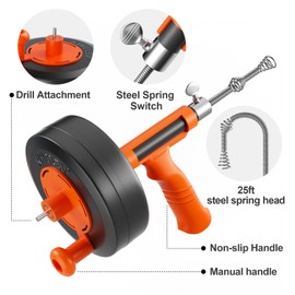 Drain Auger, Drain Snake With Drill Adapter, 25ft Plumbing Auger Heavy Duty Flexible Sink Steel Plumbing Auger Bathroom Hair Clog Removal Tool, Manual Or Powered for Shower & Bathtub Clog