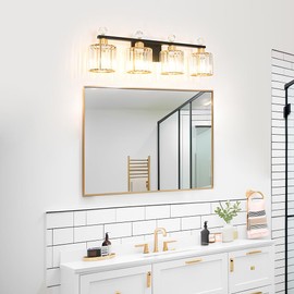 Modern Balck and Gold Crystal Bathroom Vanity Light, 4-Lights Bathroom Light Fixtures, Vanity Light Fixtures Over Mirror, Glass Wall Sconce Light for Bedroom, Kitchen, Living Room, Gallery, E26 Base