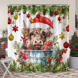 Sanzugh - Cortina de ducha de Navidad para vacas montañosas, lindas cortinas de ducha de tela de animales de granja para baño, decoración de invierno con ganchos, 72 x 84 pulgadas, decoración de baño