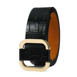 AI DEEBLUE Belts for Women Fashion Black Leather Belt with Square Gold Buckle Stylish Dress Belt