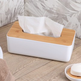 White Tissue Box Cover Padang with Bamboo Top - Elegant Design for Home and Office - Enhance Décor and Organization